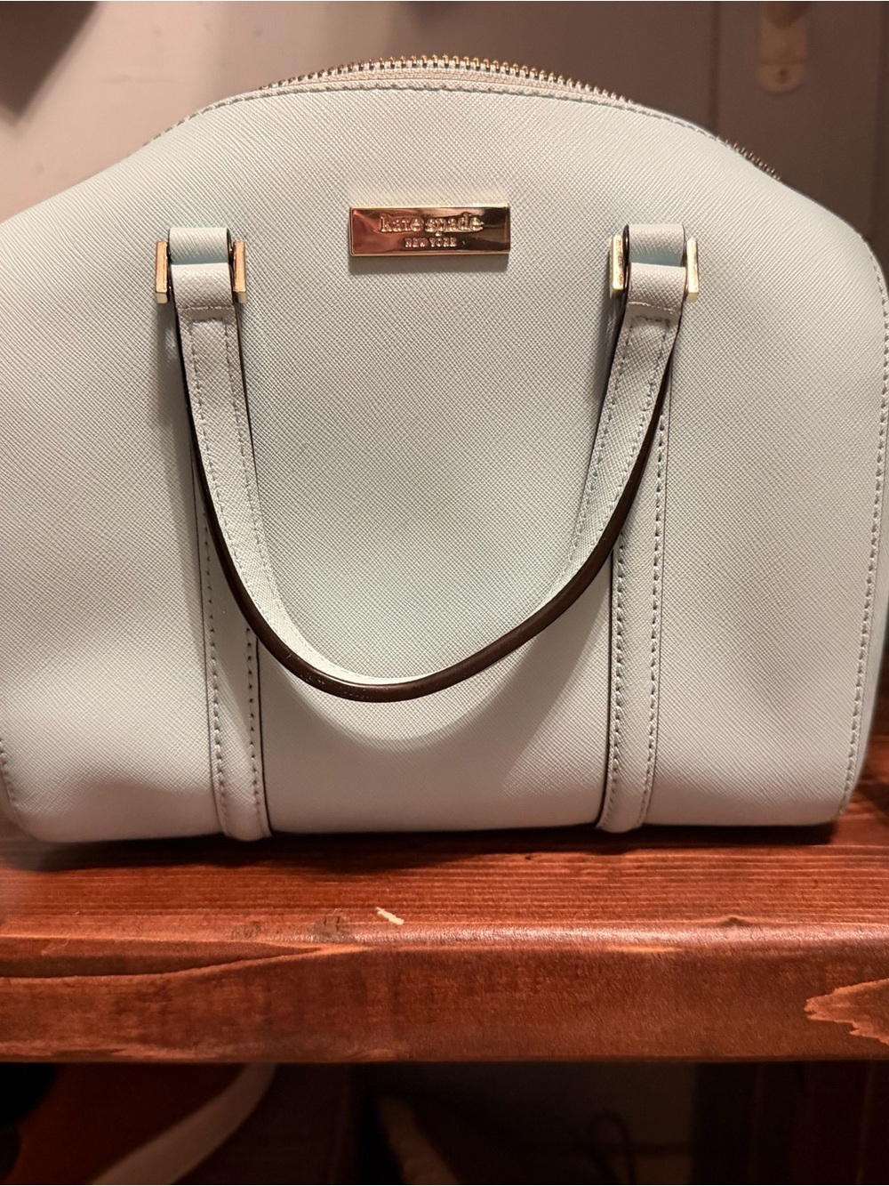 kate spade light blue dome satchel with gold hardware
